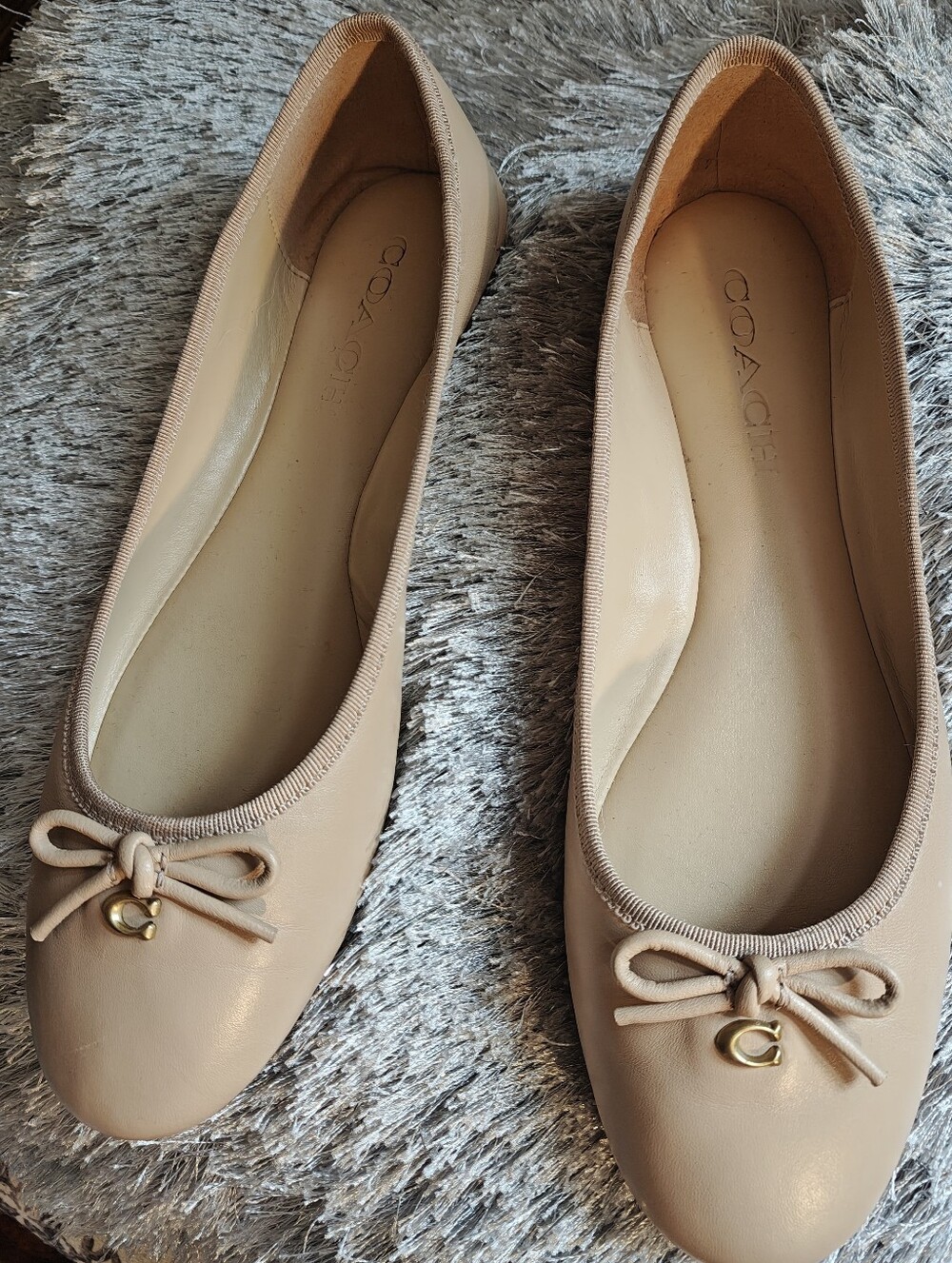 COACH Beige Leather Ballet Flats with Gold 'C' Charm